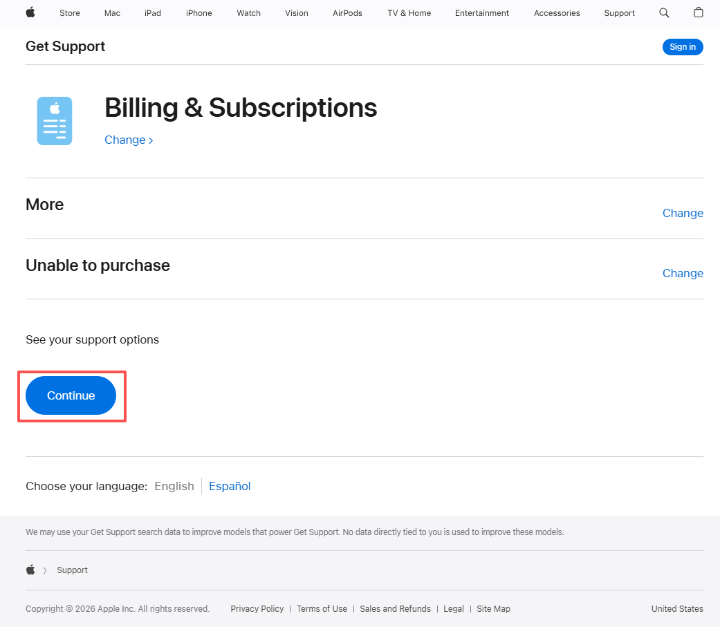 Apple 支持 Continue 页面